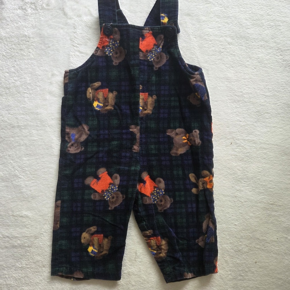 Vintage Corduroy Overalls Teddy Bear Blue Plaid Retro Jumper No Tags 12-18 Mth